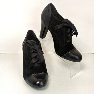 Gianni Bini Oxford Heels Womens 8.5 Black Leather Suede Ribbon Tie Whimsey Goth